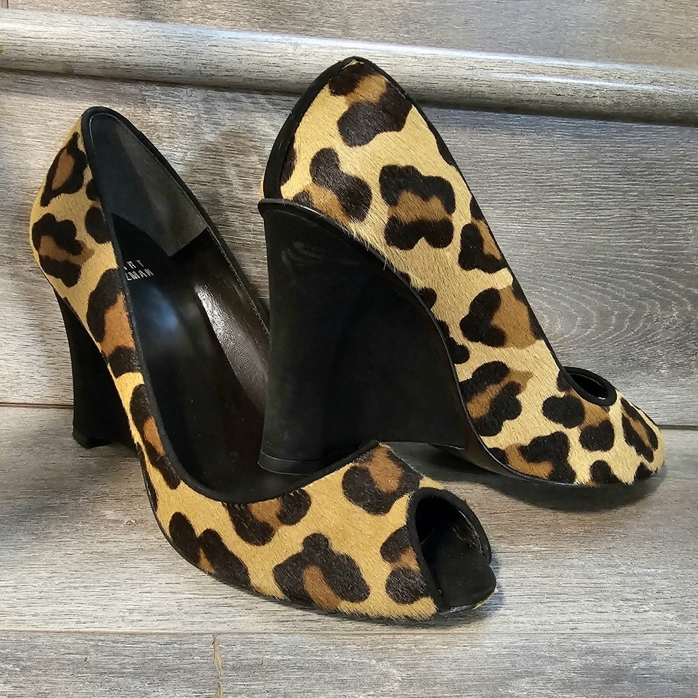 Stuart Weitzman Brown/Beige Leopard Print Wedges Pumps